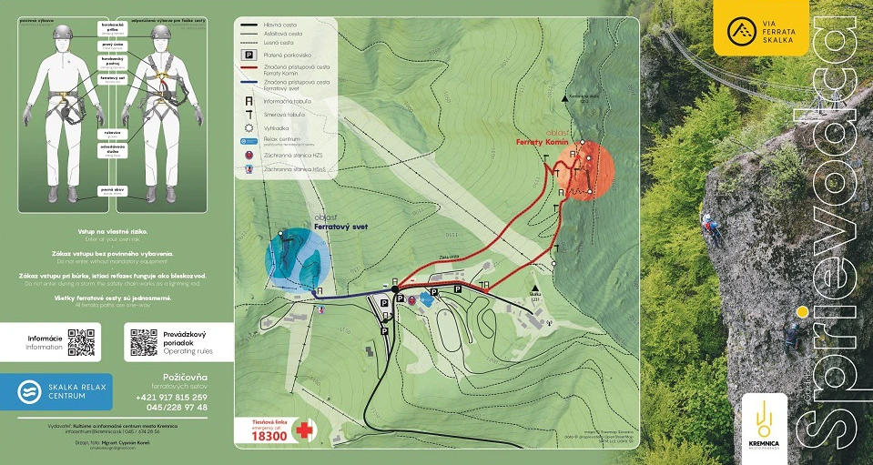 Celková mapa areálu Ferraty Skalka s prístupovými cestami, parkoviskami a polohou oblastí Ferratový svet a Ferraty Komín