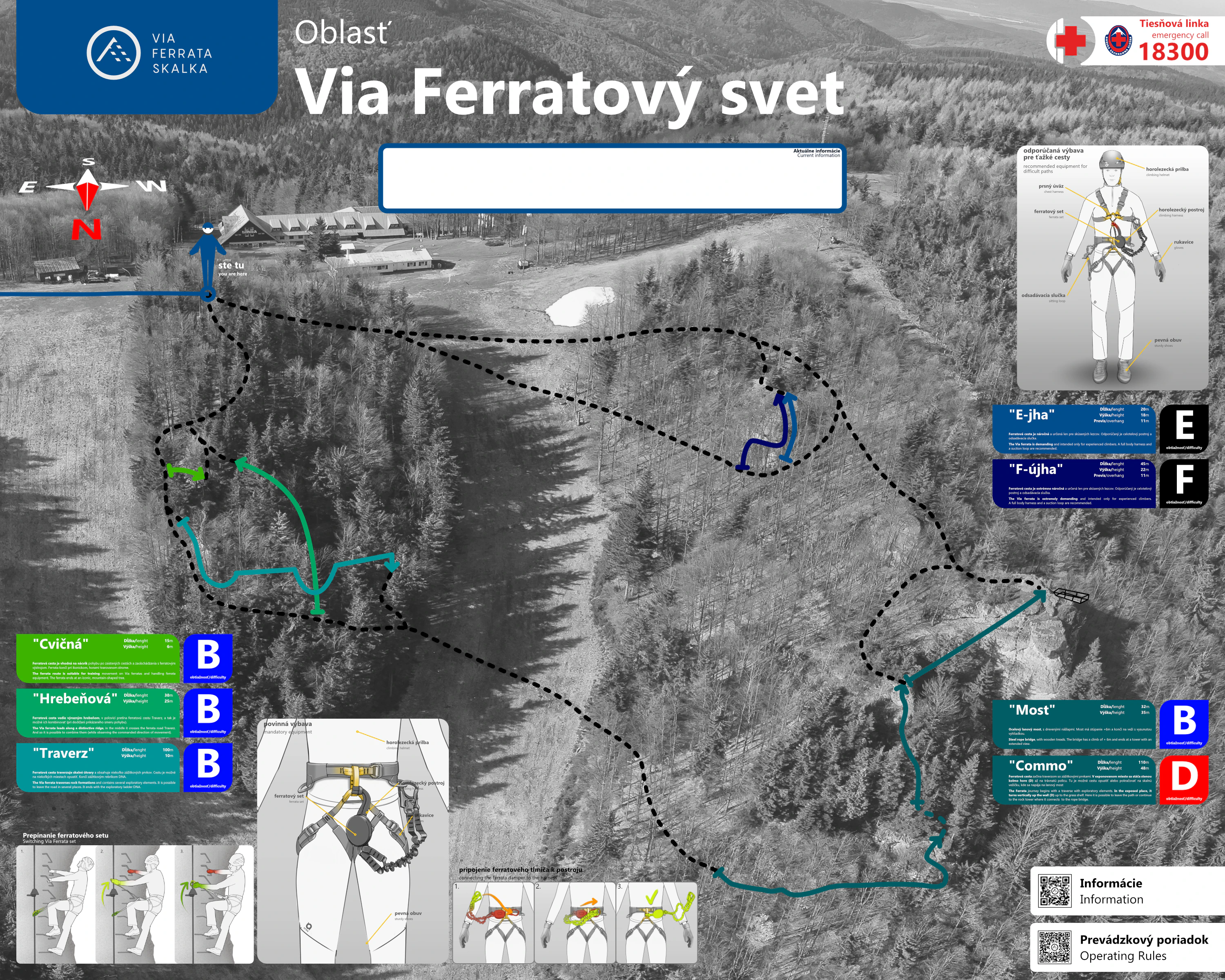 Oficiálna mapa oblasti Via Ferratový svet s farebne vyznačenými trasami, chodníkmi a stupňami obtiažnosti