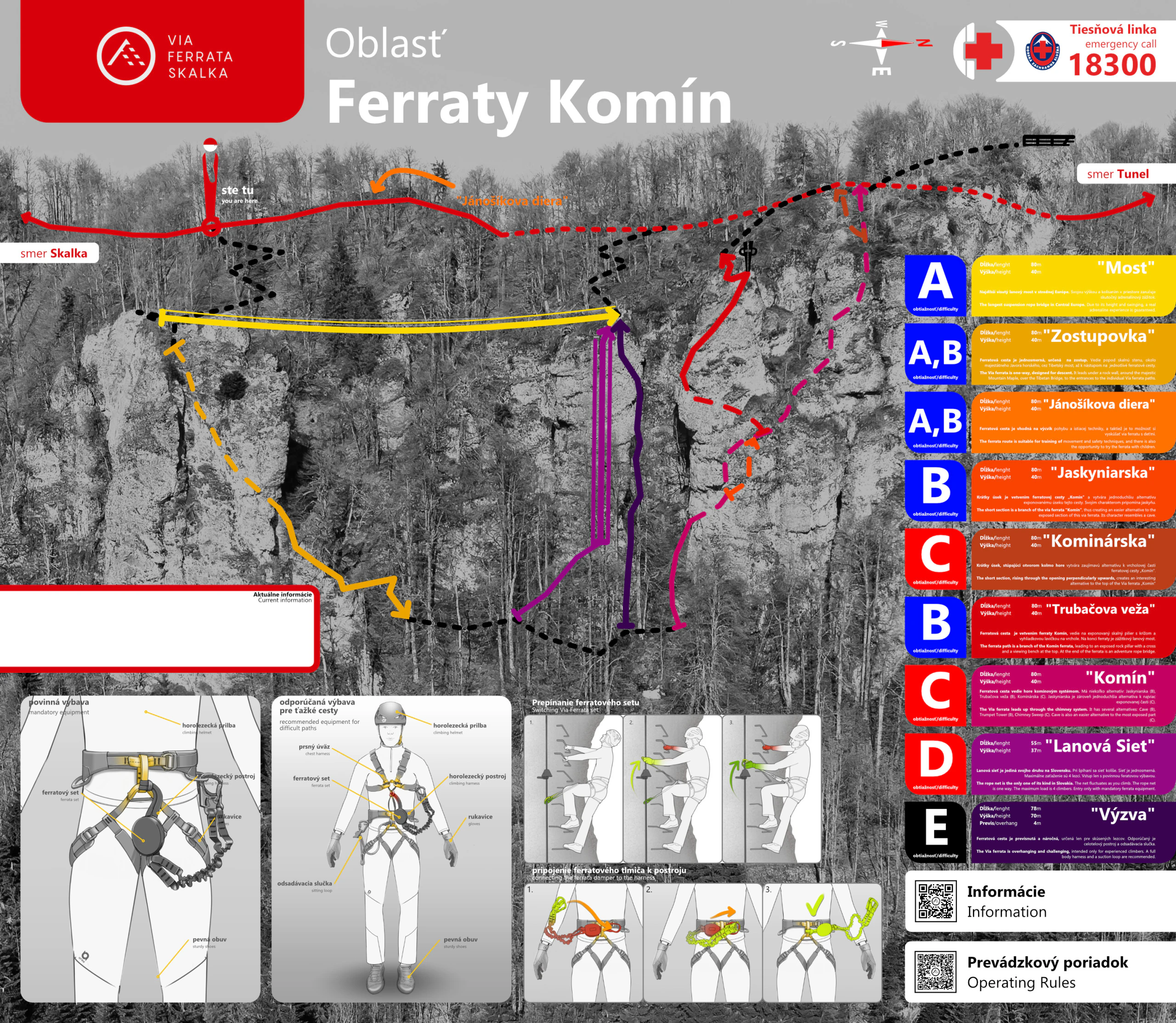 Oficiálna mapa oblasti Ferraty Komín s farebne vyznačenými trasami, nástupmi, zostupmi a stupňami obtiažnosti